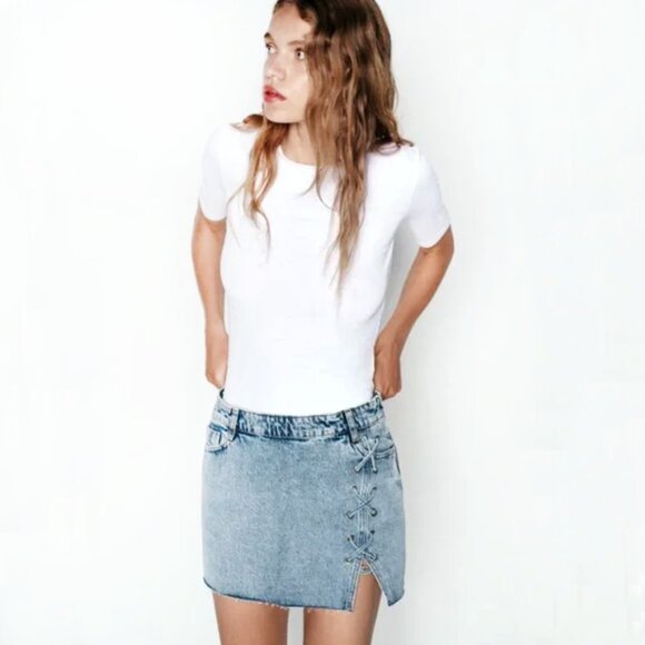 NWT Z1975 DENIM MINI SKIRT RAW EDGE LACE UP FESTIVAL FIERCE LOLITA BADDIE XS - Picture 13 of 13